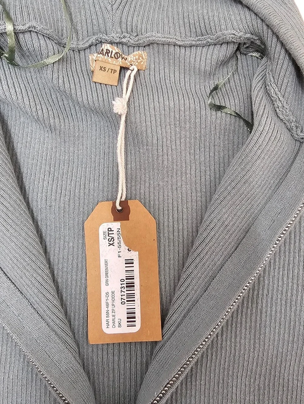 Harlow Cropped Ribbed Zip-Up Hoodie in Sage Green - Picture 4 of 7